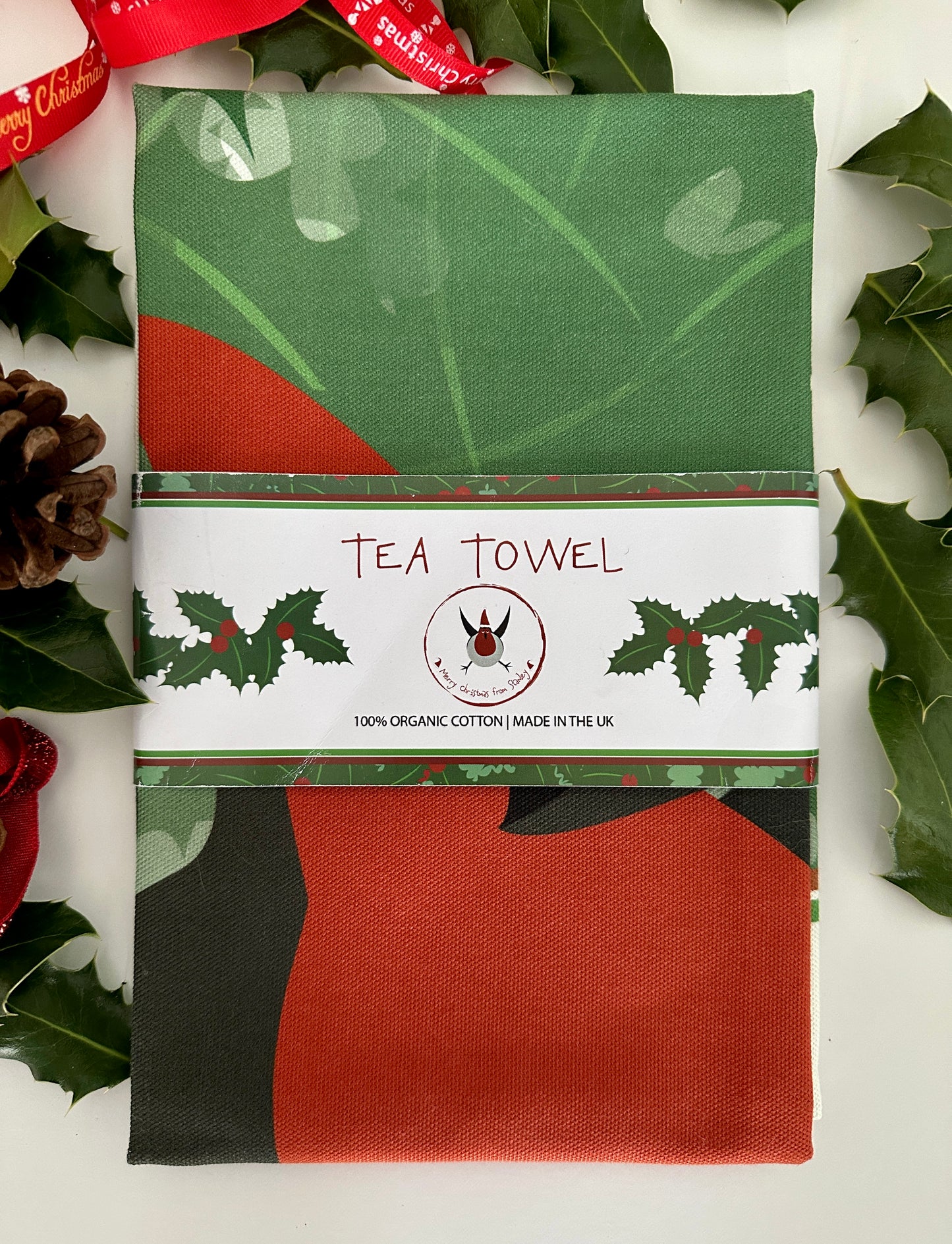 'Holly Robin' Tea Towel