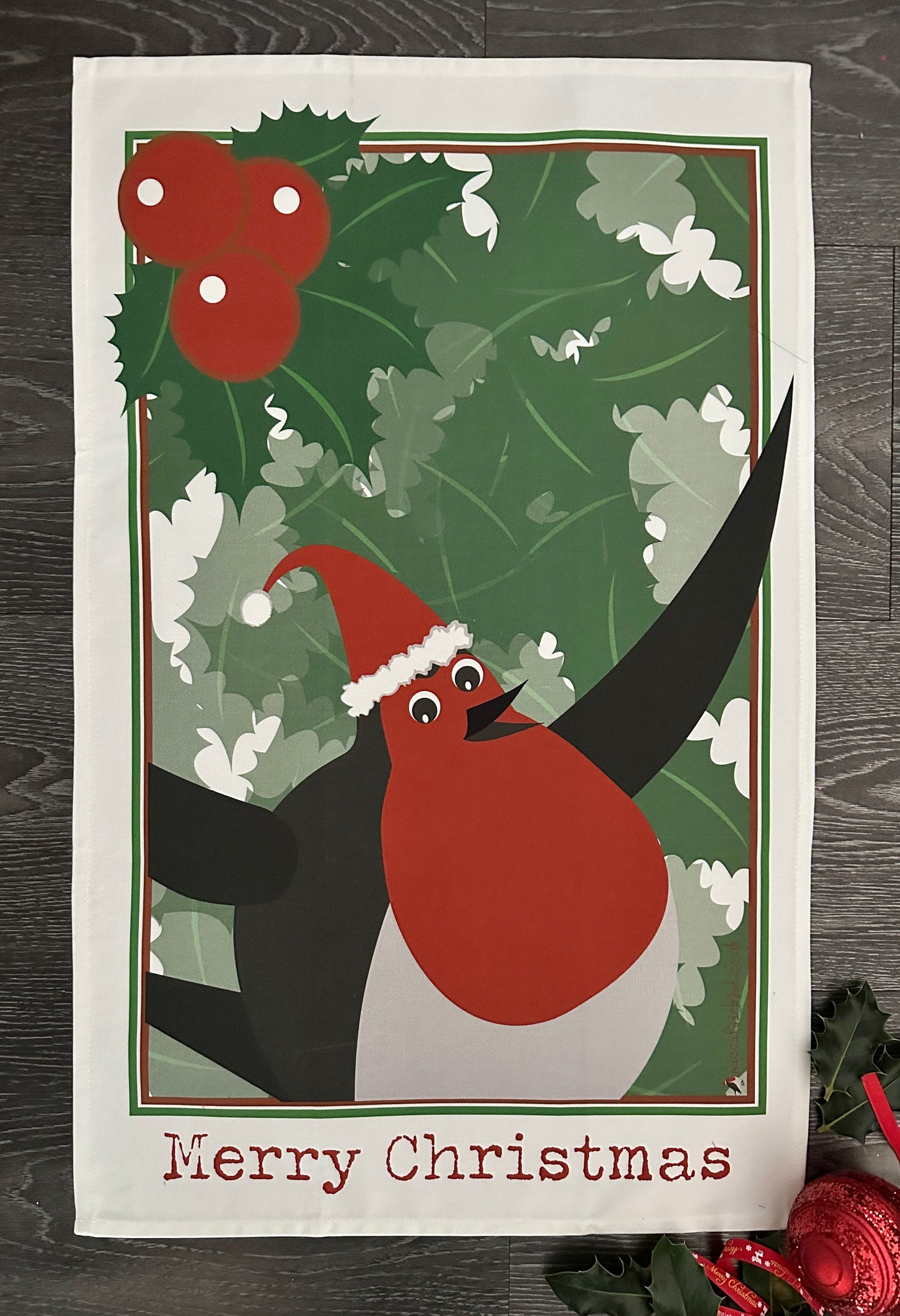 'Holly Robin' Tea Towel